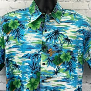Vintage 90s Bruno Hawaiian Button Front Shirt Blue Beach Short Sleeve M Medium